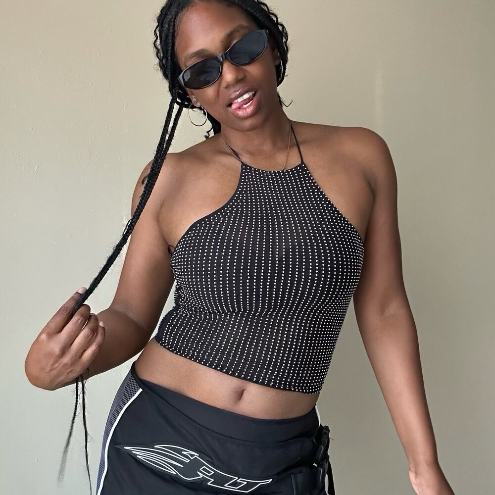 Zara Black Mesh Silver Studded Halter Crop Top Size Small